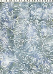 Stora svängiga blommor i grå-blå-vitt-lite grönt. Batik bomull 110 cm