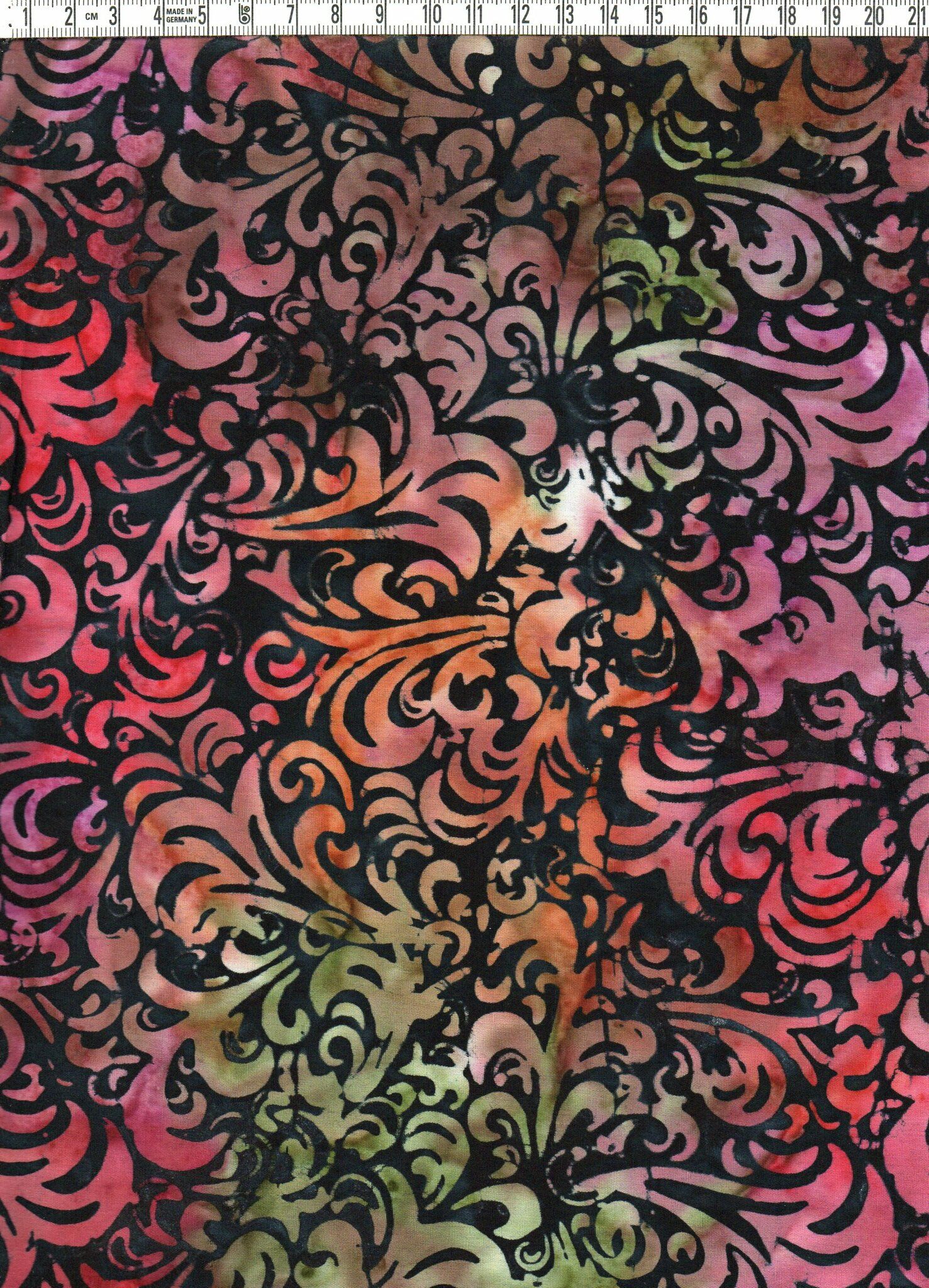 Svart-grön-röd-orange-lila sensation. Titta & njut. Batik bomull 110 cm
