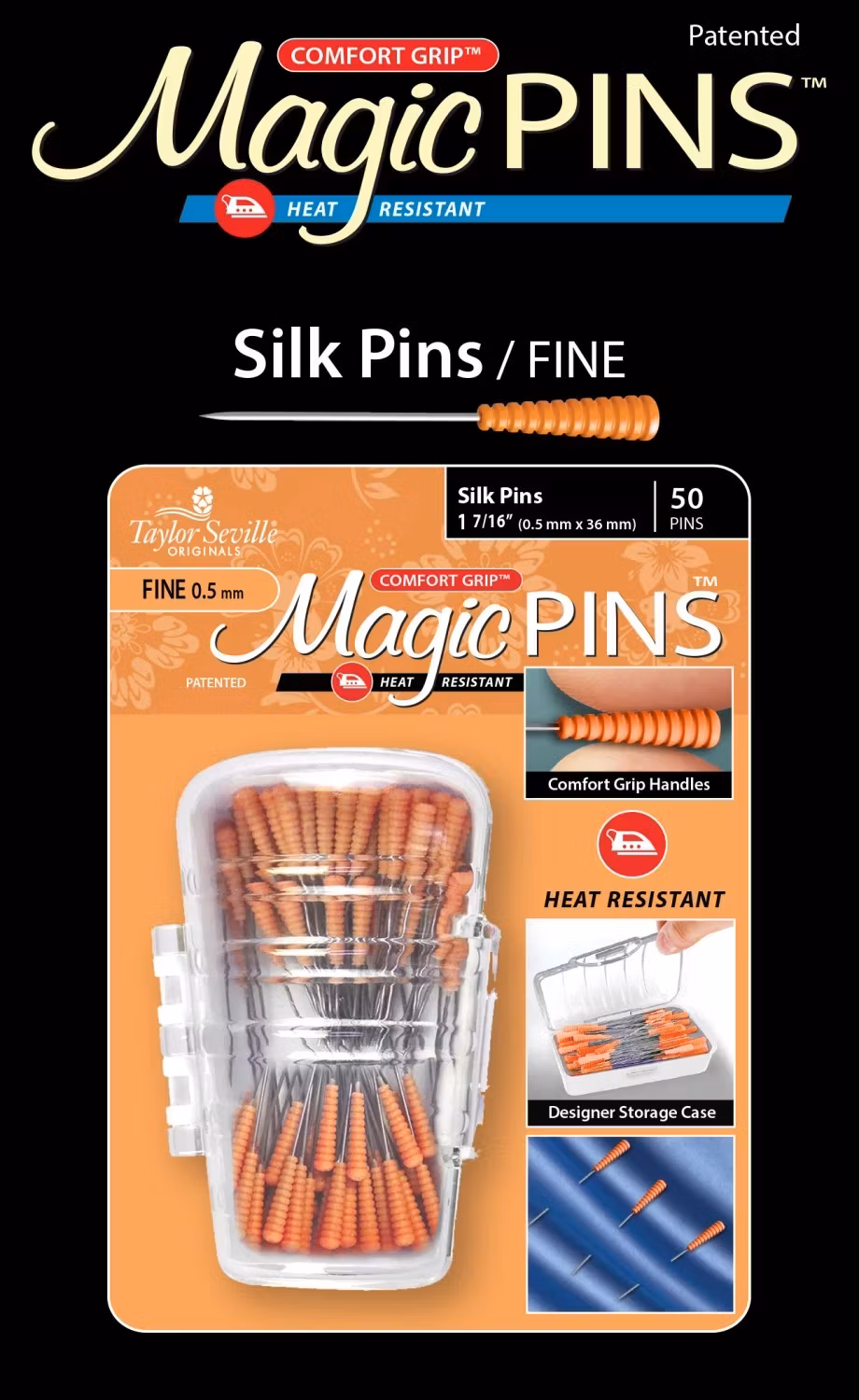 Magic pins, silk pins, fine, 0,5 mm*36 mm, 50 st