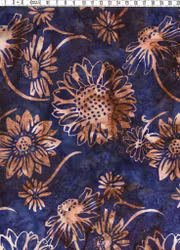 Djupblå botten med blommotiv i varm kontrast - Batik Bomull 110 cm bred