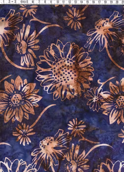 Djupblå botten med blommotiv i varm kontrast - Batik Bomull 110 cm bred