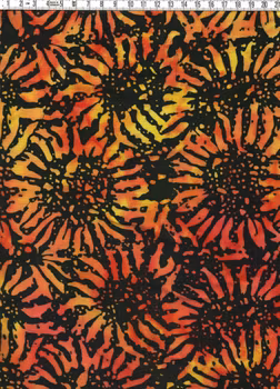 Glödande solrosor i svart, orangerött och gult – Viskos ca 140 cm bred