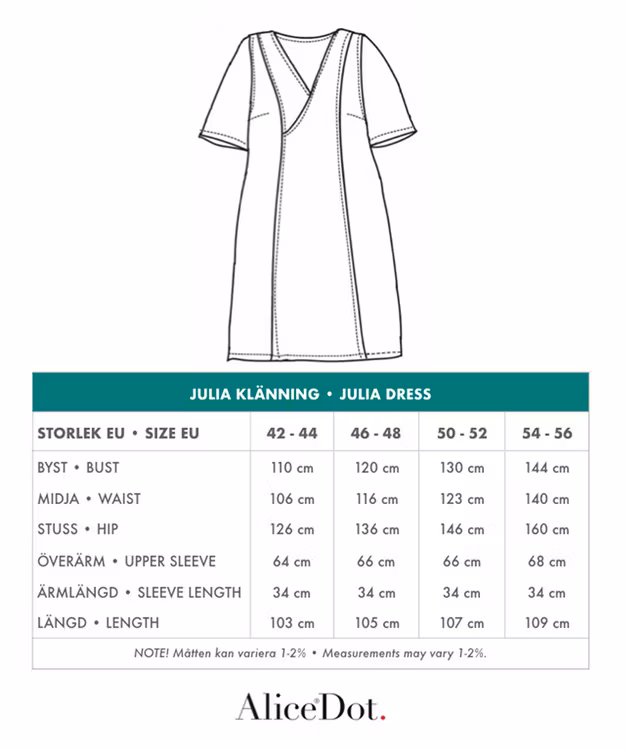 Julia, svart klänning i stora storlekar, storleksguide.