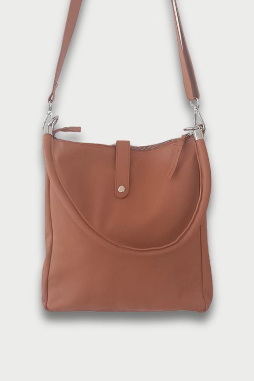Flex leather bag with long and short shoulder strap, brown