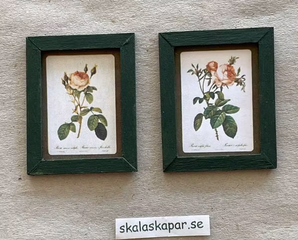 Tavlor med rosor, 2 st, grön träram