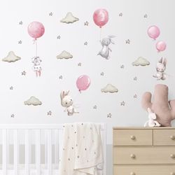 Kaniner med ballonger kawaii design rosa