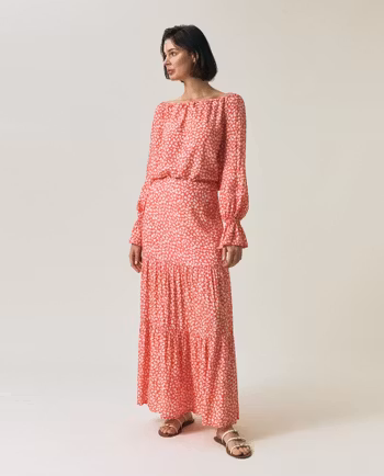 Printed Maxi Skirt Coral Dot Print Lexington