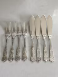 Fiskbestick nysilver från England, 4 av varje, vintage
