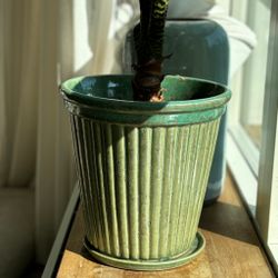 Kruka glaserad i ljust grön med snygga linjer