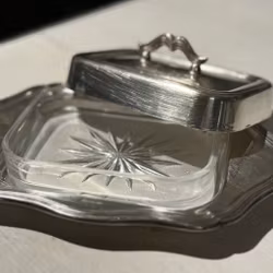 Ask fat med lock i glas och nysilver vintage