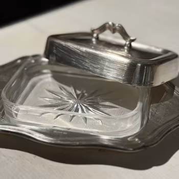 Ask fat med lock i glas och nysilver vintage