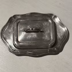 Ask fat med lock i glas och nysilver vintage
