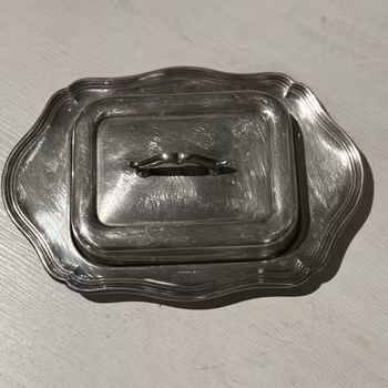 Ask fat med lock i glas och nysilver vintage