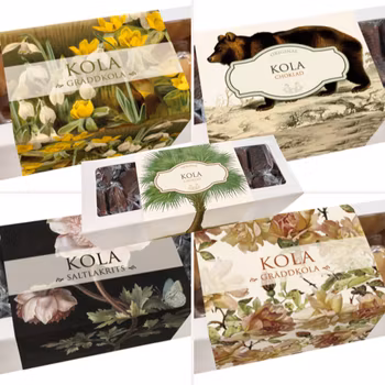 Kola i olika smaker i presentförpackning med vackra motiv