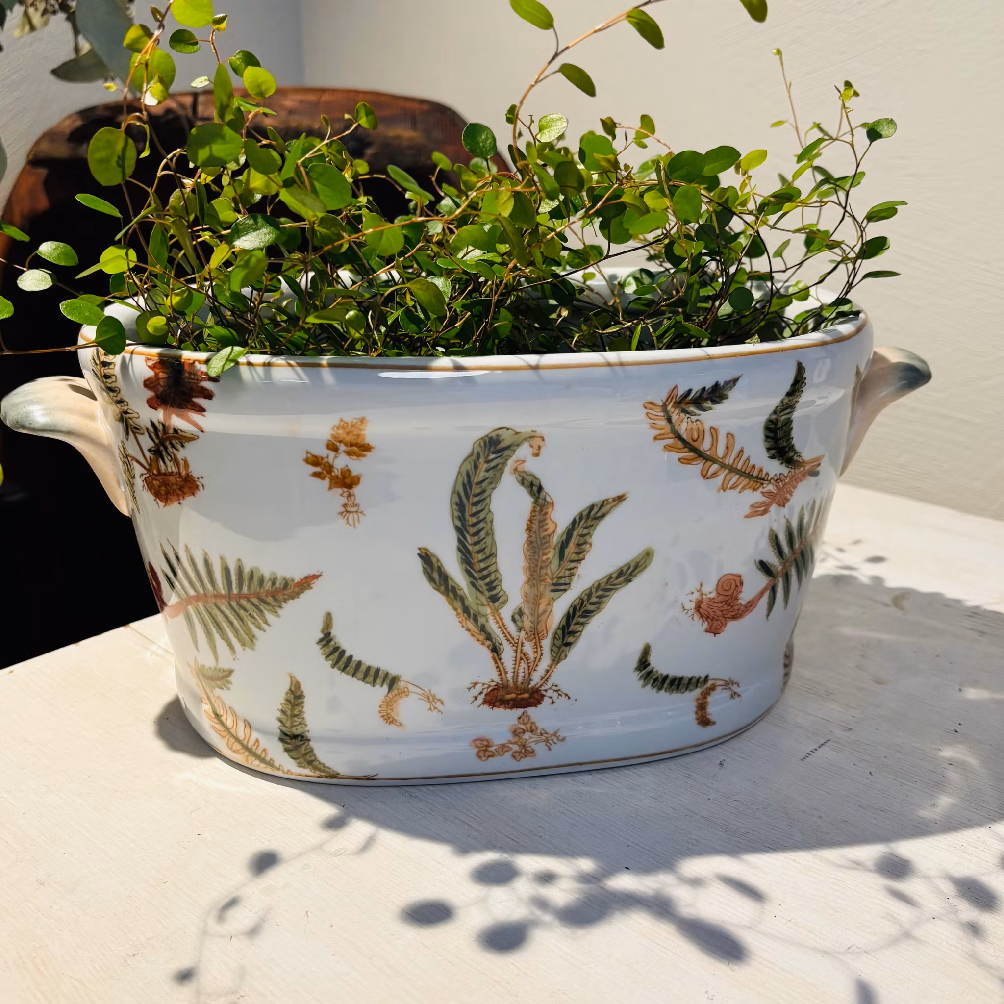 Kruka sk Jardiniere i porslin med mönster av ormbunke