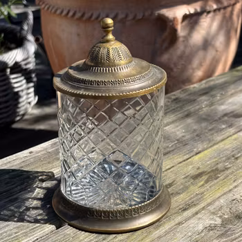 Burk med lock i mässing och graverat glas, vintage