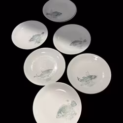 Tallrikar porslin med grönt fiskmotiv, 7st, vintage