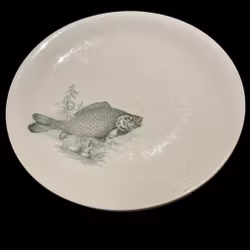 Tallrikar porslin med grönt fiskmotiv, 7st, vintage