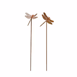 Dekoration trollslända på pinne i rostigt järn - två olika