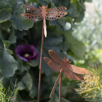 Dekoration trollslända på pinne i rostigt järn - två olika