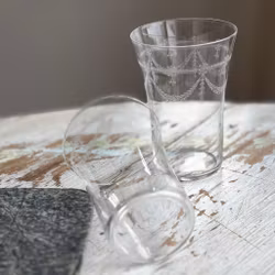 Glas - 8st äldre vattenglas i tunnare glas med etsat mönster - Vintage