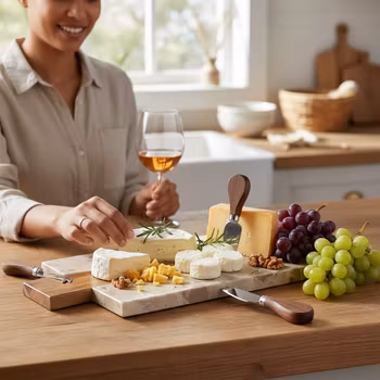 Skärbräda Fat i beige marmor och akacia trä - Affari of Sweden