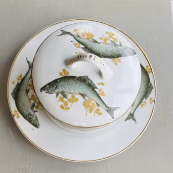 Skål med lock på fat - fiskar - vintage