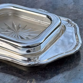 Ask i nysilver och glas för servering av tex smör, kaviar eller sås - Vintage