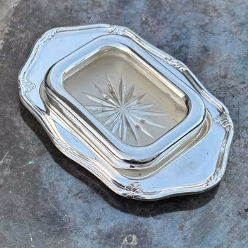 Ask i nysilver och glas för servering av tex smör, kaviar eller sås - Vintage