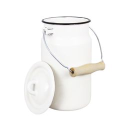 Mjölkkanna i vit/benvit emalj och trähandtag - lock ingår - två storlekar