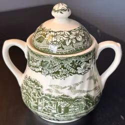 Skål med lock - sockerskål med grönt motiv - Staffordshire England - Vintage