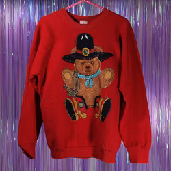 Ugly Christmas Sweater - Röd Med Nallebjörn, Pärlor & Paljetter - Vintage Fruit Of The Loom - L