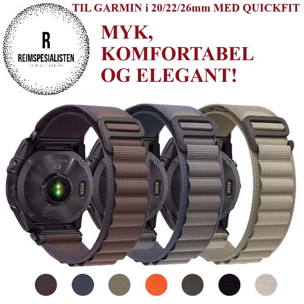 Myke og komfortable nylonreimer i 20, 22 og 26mm med Quickfit!