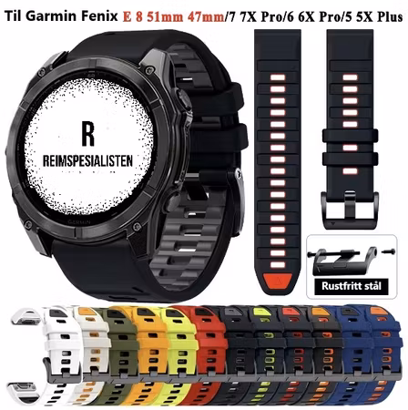 Nyhet! Silikonreim til Fenix E 8 47 og 51mm/ 7 7X i 22 og 26mm
