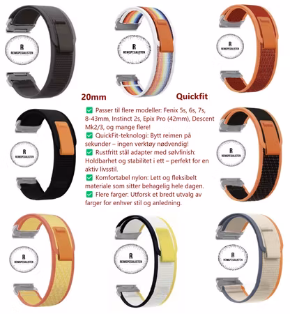 Oppgrader Garmin-klokken din med våre allsidige nylonreimer i 20mm!