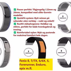 Oppgrader Garmin-klokken din med elegante sportsnylonreimer i 22 og 26mm!