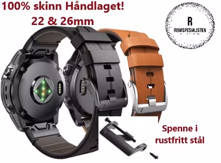 Håndlaget 100% skinnreim til din Garmin klokke i 22 og 26mm!