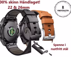 Håndlaget 100% skinnreim til din Garmin klokke i 22 og 26mm!