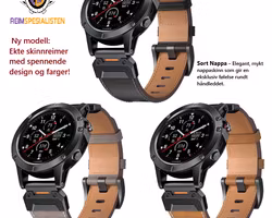 Ekte skinnreim til Garmin-klokker i 22 og 26mm Quickfit - tidløs stil