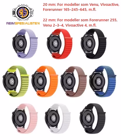 Myk og justerbar nylonreim med borrelås – 20 mm / 22 mm