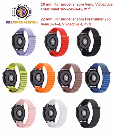 Myk og justerbar nylonreim med borrelås – 20 mm / 22 mm