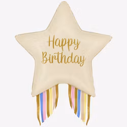 Folieballong - Stjärna Happy Birthday med fransar