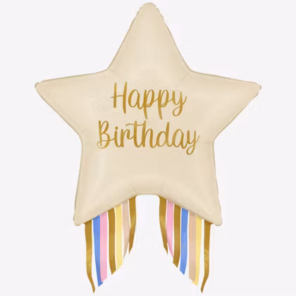 Folieballong - Stjärna Happy Birthday med fransar