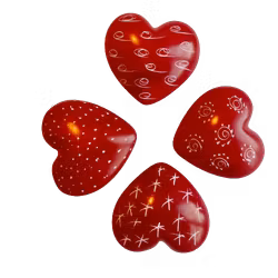 4 små hjärtan, rött med mönster, täljsten