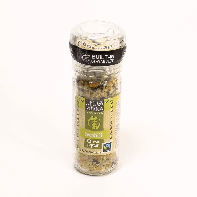 Bordskrydda med citronpeppar, hela korn. Kryddkvarn. Passar till många rätter, Pröva till ångkokta bönor med smör! Kvarnen kan alltid stå på matbordet.