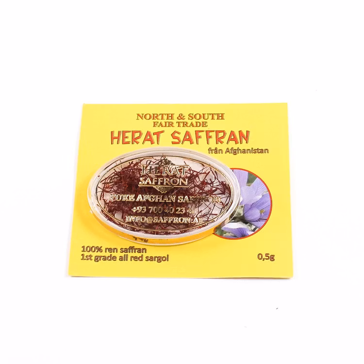 Saffran, Sargol, bästa kvalitet, Afghanistan, odlat av kvinnokooperativ i Herat-provinsen, etisk handel,