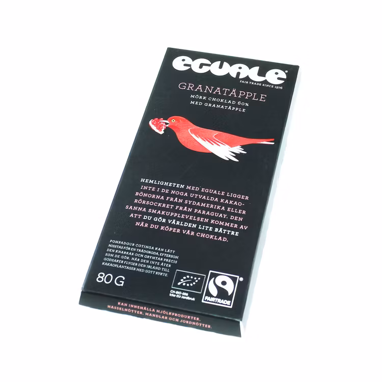 Utsökt Eguale mörk choklad med granatäpple. Ekologisk, vegansk. Uppfyller krav på etisk & miljömässig hållbarhet.