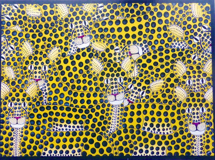 Fantasifulla tingatingakort. Här ett större kort med Leopard-motiv, av Saidi Omary. Tingatinga Arts Cooperative Society, Tanzania.