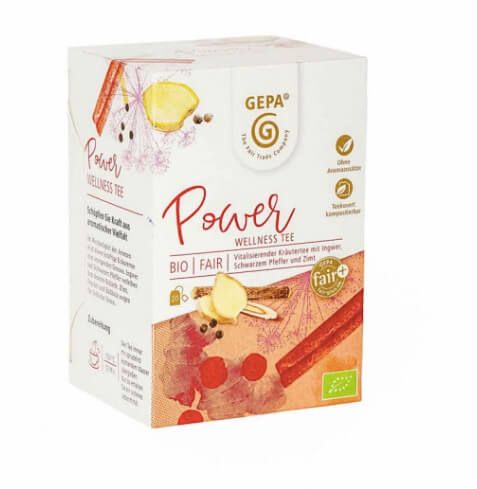 'Power' wellness - ett vitaliserande & uppiggande örtte, smakar riktigt fräscht & gott. Med fänkålsfrön,lakritsrot, koriander, ingefära, kryddnejlika. Utan koffein. Fair Trade.