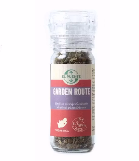 Kryddkvarn 'Garden Route' är en smakrik kryddblandning med bl a rosépeppar, citrongräs, fänkålsfrön och alger (havssallad). Fair Trade från Sydafrika.